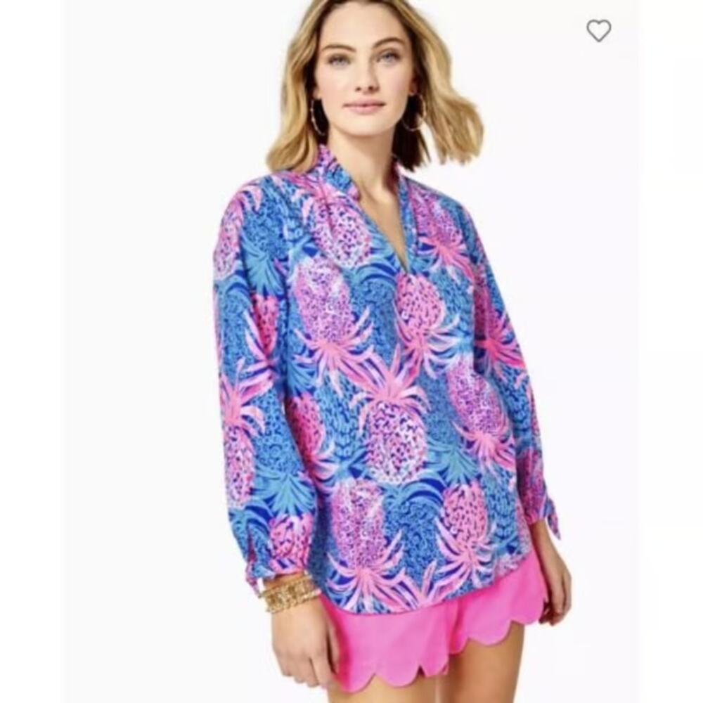 Lilly Pulitzer Sherida Tropic Down Low Blouse Top Borealis Blue Women's Size XL
